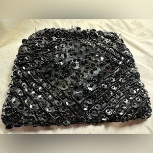 Black Vintage VTG Handmade Sequin Beaded KISSLOCK Clutch